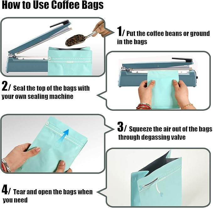 50 Count 16 Ounce Green Blue Kraft Paper Coffee Bags with Air Release Valve, High Barrier Coffee Pouches for Home, Store, Flat Bottom (50pcs/16oz, 1lb, 500g)