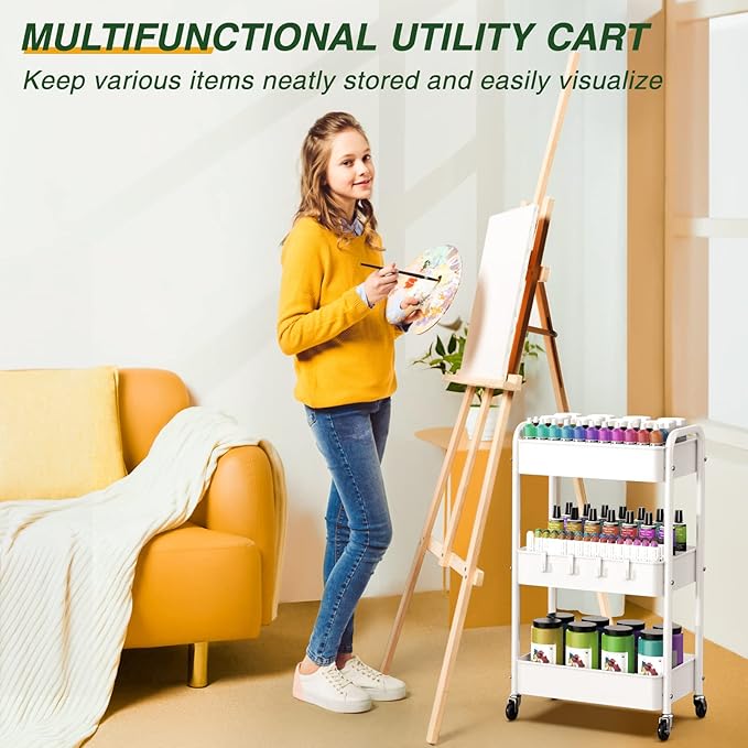LEHOM 3 Tier Rolling Storage Cart, Metal Trolley Utility Cart with Wheels & Hooks, Easy Assembly Organizer Storage Cart for Bathroom Kitchen Office Bedroom