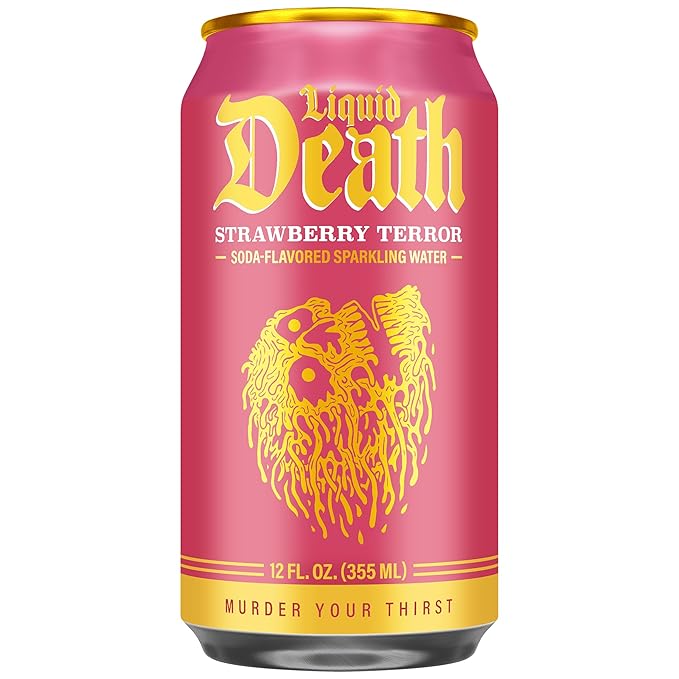 Liquid Death Soda-Flavored Sparkling Water - Strawberry Terror, Less Sugar*, Huge Flavor, No Caffeine, No Artificial Sweeteners, 12 Fl Oz (Pack of 12)