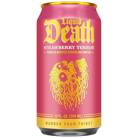 Liquid Death Soda-Flavored Sparkling Water - Strawberry Terror, Less Sugar*, Huge Flavor, No Caffeine, No Artificial Sweeteners, 12 Fl Oz (Pack of 12)