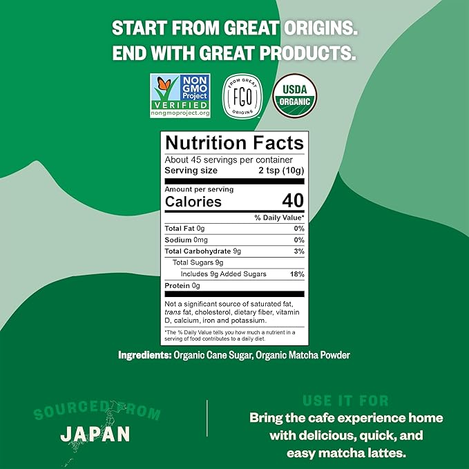 FGO Organic Matcha Latte Powder, 16 Ounce Bulk Resealable Bag, Japanese Matcha with Organic Cane Sugar, Lightly Sweetened, Packaging May Vary (Pack of 1)