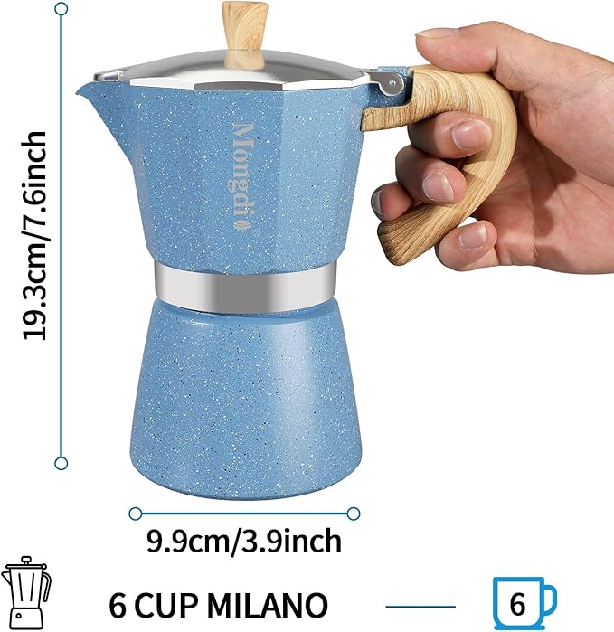 Mongdio Stovetop Espresso Maker Moka Pot, Cuban Coffee Maker Stove top coffee maker Moka Italian Espresso Greca Coffee Maker Brewer Percolator, 6 Espresso Cups, 10 oz - Blue