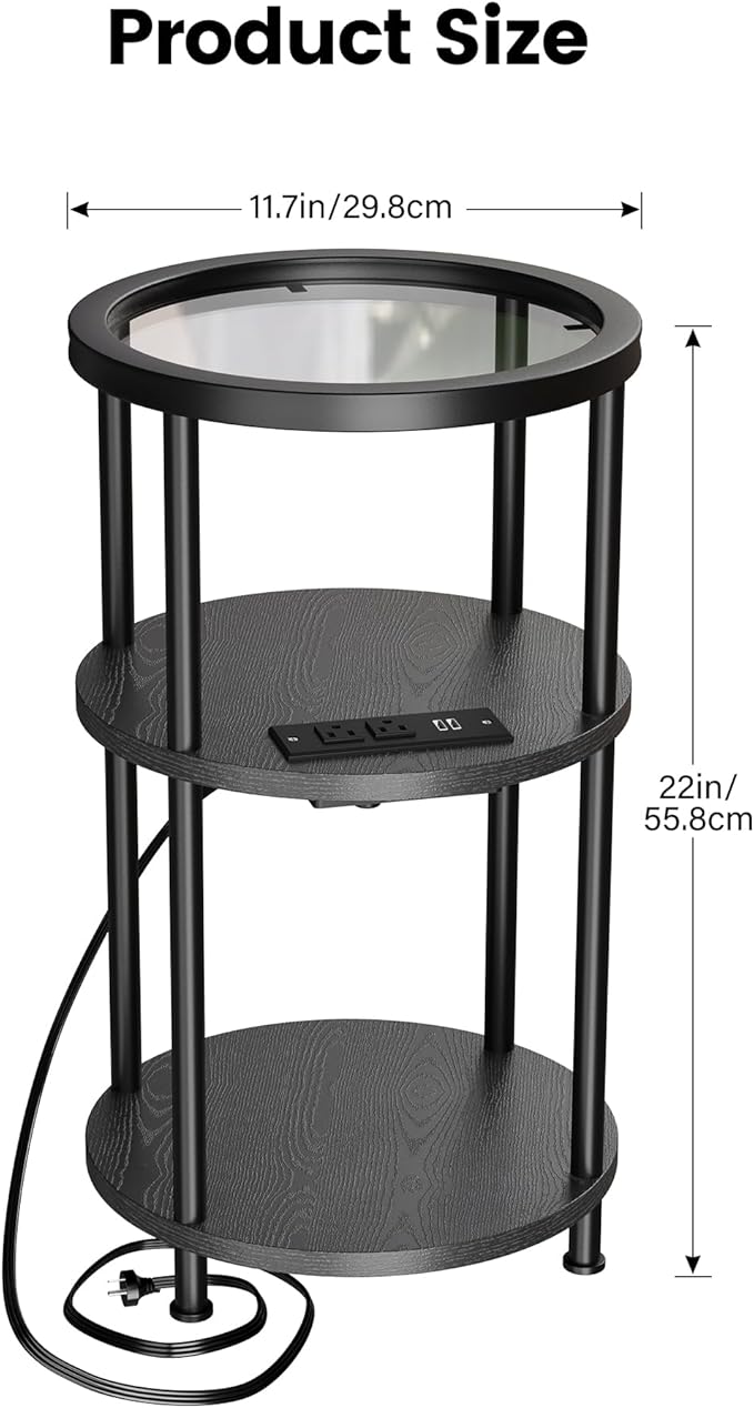 Homeiju Round Side Table with Glass Top, 3-Tier Glass End Table with USB Ports & Power Outlets, Bedside Table for Small Space for Living Room, Balcony, Bedroom, Black