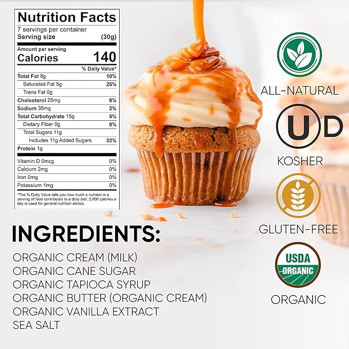 King's Cupboard Organic Caramel Sauce - The Perfect Sauce for Ice Cream, Fruit Dip, Topping Desserts, Caramel Drizzle for Coffee - Gluten-Free, Kosher, Organic, All Natural, 7.7 oz - Pack 4