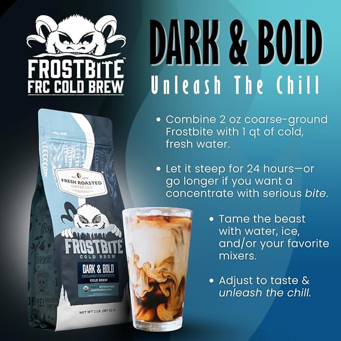 Fresh Roasted Coffee, Organic Dark & Bold Frostbite Cold Brew | USDA Organic, Kosher | Dark Roast | 2 lb Whole Bean