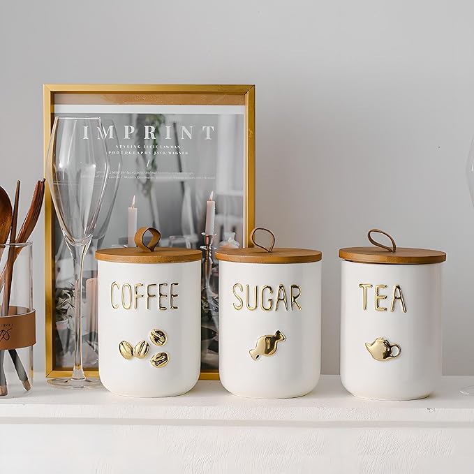 YYW Kitchen Canisters for Countertop, White Airtight Ceramic Canister with Seal Wooden Lid Storage Container for Coffee Bean Ground Coffee Sugar and Tea (White(coffee))