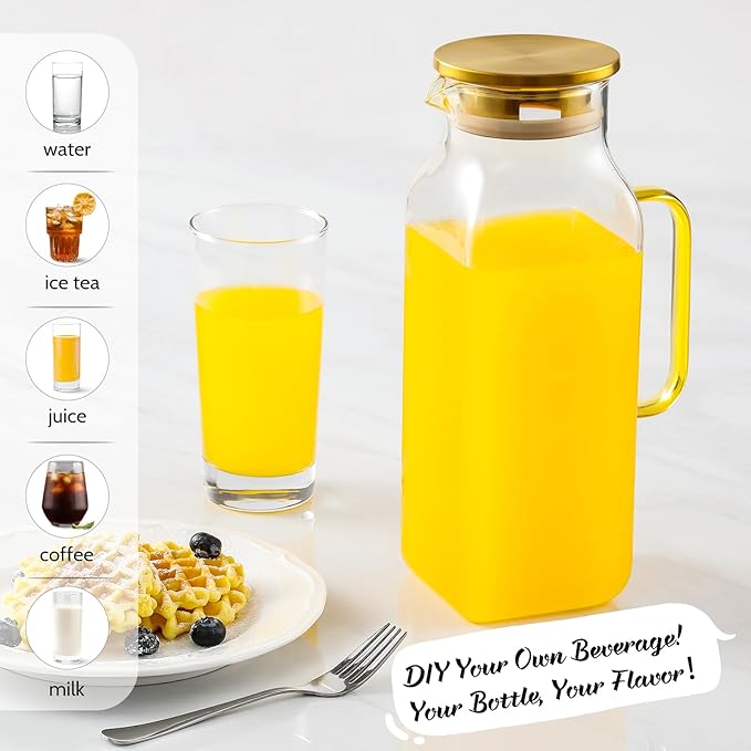 2 Quart (2 Liter 68 oz) Square Glass Pitcher with Lid and Spout, Water Pitchers with Handle for Fridge, Borosilicate Glass Carafe for Hot/Cold Drink, Large Jug for Iced Tea, Coffee, Beverage, Cold