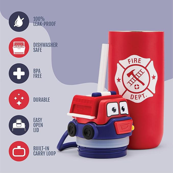 Ello Ellies 12oz Vacuum Insulated Stainless Steel Kids Water Bottle with Straw and Built-in Carrying Handle and Leak-Proof Locking Lid for School Backpack, Lunchbox and Outdoor Sports, Firetruck