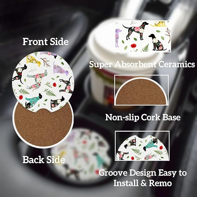 Car Cup Holder Coasters, 2 Pcs Ceramic Coasters with Finger Slot and Cork Back, Anti-Slip Shock Absorbing Women and Men Universal Car Accessories - Flower Dog