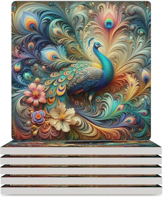 Peacock Drink Coasters, Square Ceramic Drink Coaster Square-6PCS, Beautiful Colorful Floral Peacock Art Pattren Decor Absorbent Ceramic Coasters for Beverage Cup, Bar, Coffee Table