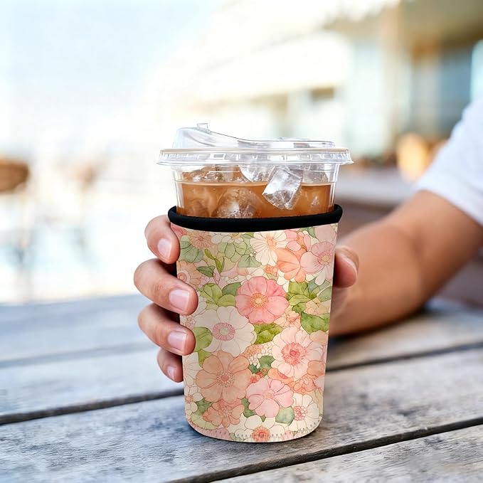 Neoprene Iced Coffee Sleeve 3 Pack, Reusable Insulated Cup Holder with Watercolor Floral Pattern, Fits 16–32 oz Tumblers, Compatible with Starbucks & Dunkin