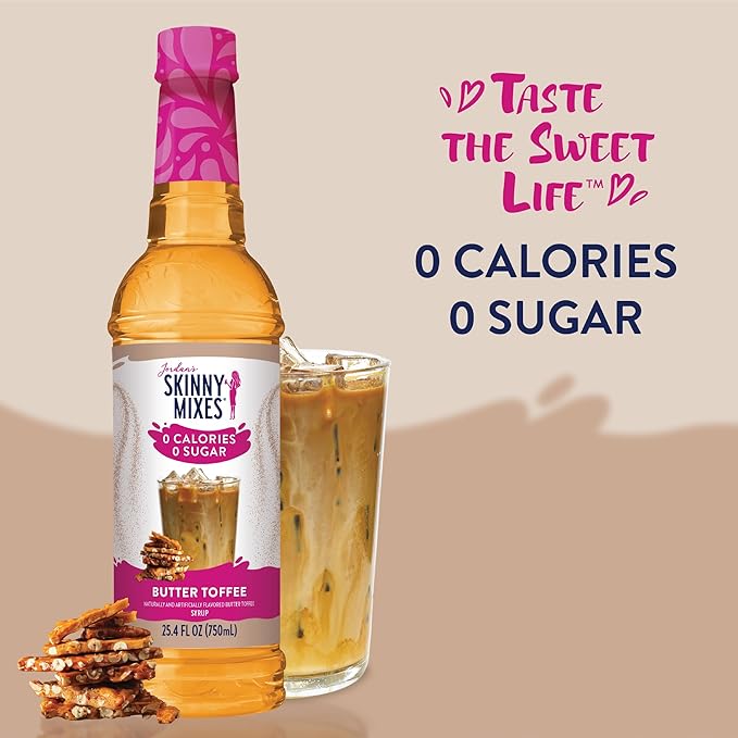Jordan's Skinny Mixes Sugar Free Coffee Syrup, Butter Toffee Coffee Flavoring Syrup, Zero Calorie Drink Mix, Lattes, Baking, Protein Shake or Cocktail, Dairy & Gluten Free, Kosher, 25.4 Fl Oz
