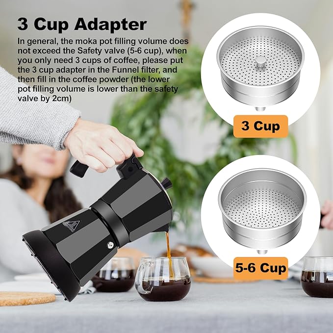 Vaolvpant Electric Aluminum Moka Pot 5-6 Cup 270ml Espresso Maker with Detachable Base Ideal Coffee Makers for Home MochaPot Italian and Cuban Café Coffeemaker Espressomaker CoffeePot Black