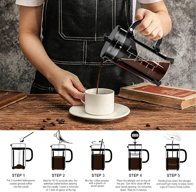 QUQIYSO French Press Coffee Maker 304 Stainless Steel French Press with 4 Filter, Heat Resistant Durable, Easy to Clean, Borosilicate Glass Coffee Press, 100% BPA Free Glass Teapot,34 ounce, Black
