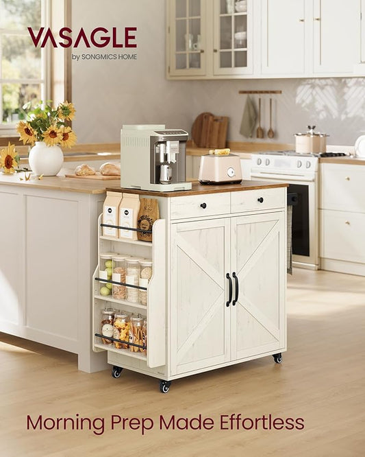 VASAGLE Mobile Kitchen Island, Portable Island with Spice Rack, Mobile Cart with Storage Cabinet, 17.7 x 36.5 x 36 Inches, for Dining Room, Rustic White and Honey Brown UKKI008W01