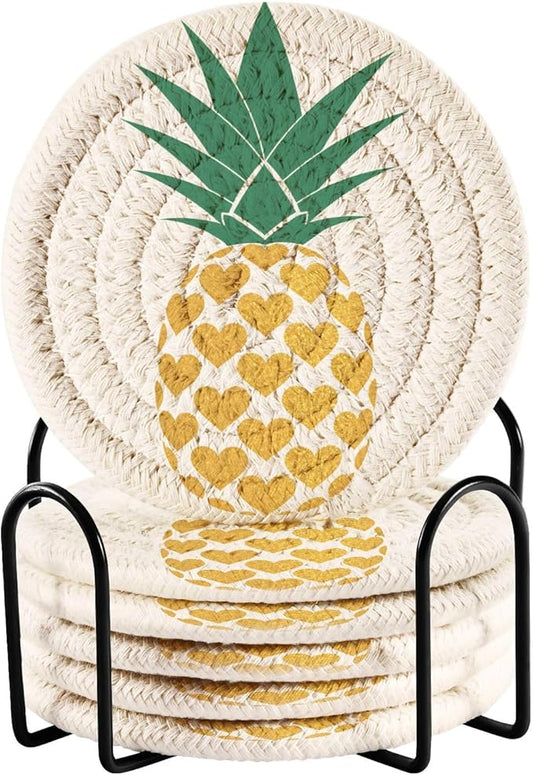 Pineapple Golden Tropical Gold Drink Coasters Set of 6 with Holder - Absorbent Decorative Bar Coasters for Coffee Table Protection