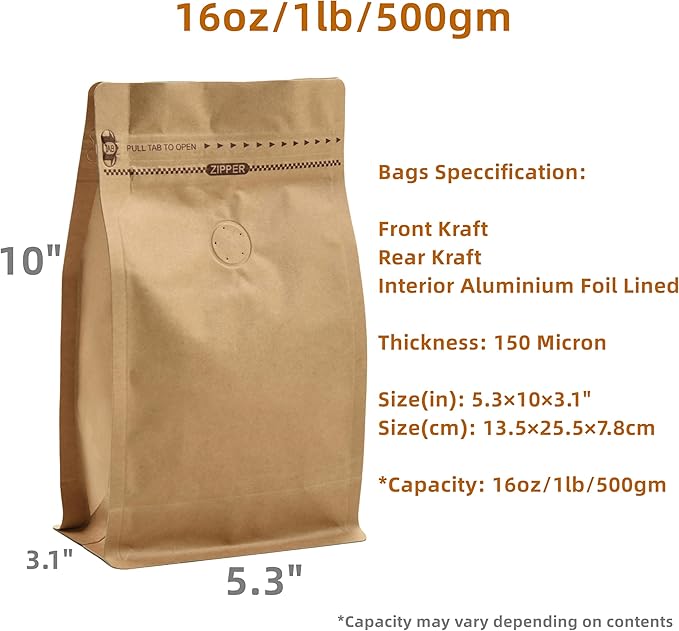 Resealable Kraft Paper Coffee Bags with Degassing Valve, Flat Bottom Side Gusset Stand Up Pouches with Zipper Lock (Pack of 100, Size for 16 oz/500 grams Beans or Ground)