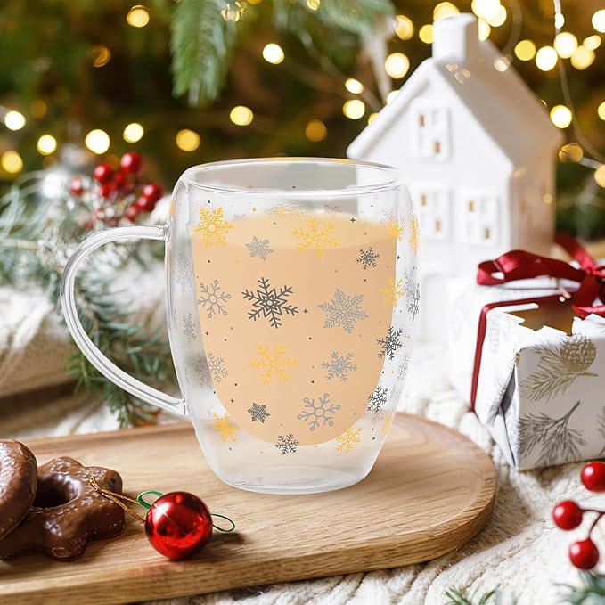 JarThenaAMCS Christmas Double Wall Glass Coffee Mugs 12Oz Gold Silver Snowflake Insulated Glasses Clear Espresso Cups with Handle for Winter Xmas Holiday Supplies, Set of 2