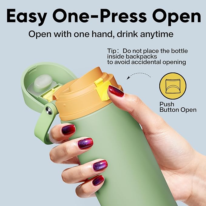 Insulated Water Bottle with Straw - Encool Stainless Steel Water Bottle with Push Button Lid, Leak-Proof & BPA-Free, Keeps Cold for 24 Hours for Sports, Travel, Gym (24 oz, Lichen-Yellow)