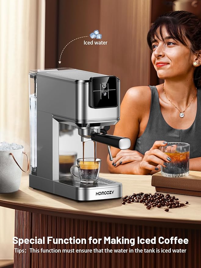 Espresso Machine 20 Bar Coffe Maker with Rapid Cold Brew, Compact Espresso Maker for Hot and Cold Cappuccino, Latte, Stainless Steel Coffee Machines with 1200ml Removable Water Tank