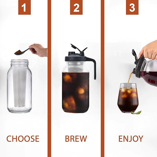 Glass Cold Brew Coffee Maker – 64 oz (2 Quart / 1.9 Liter) – Mason Jar Iced Coffee Pitcher, Durable Glass, with Stainless Steel filter, leak proof wide mouth lid and handle