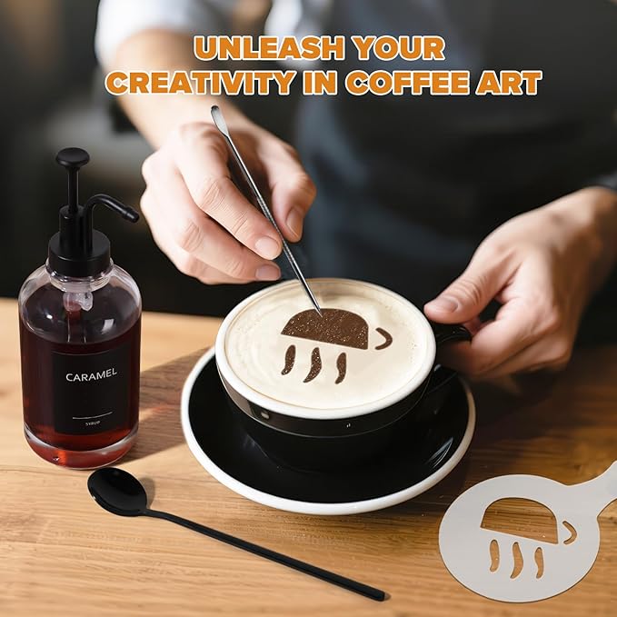 Syrup Dispenser for Coffee Bar, Glass Syrup Dispenser with Pump, 16.9 fl oz Honey Bottles, Labels, Spoons, Coffee Art Pen, 3 Pack