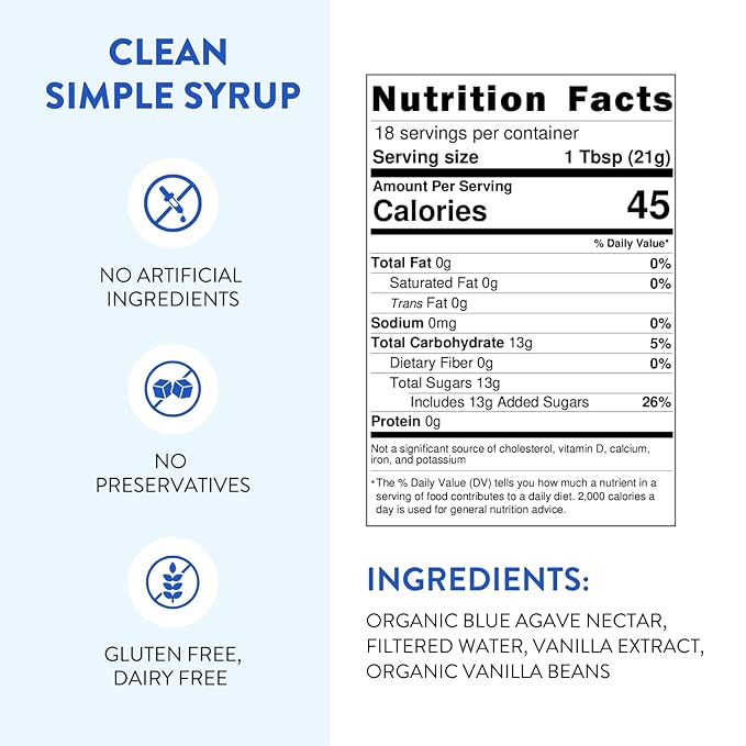 Vanilla Bean Agave Simple Syrup for Coffee & Cocktails - Sweetened with Organic Agave Nectar - Infused with Real Vanilla Bean - 13.5 oz