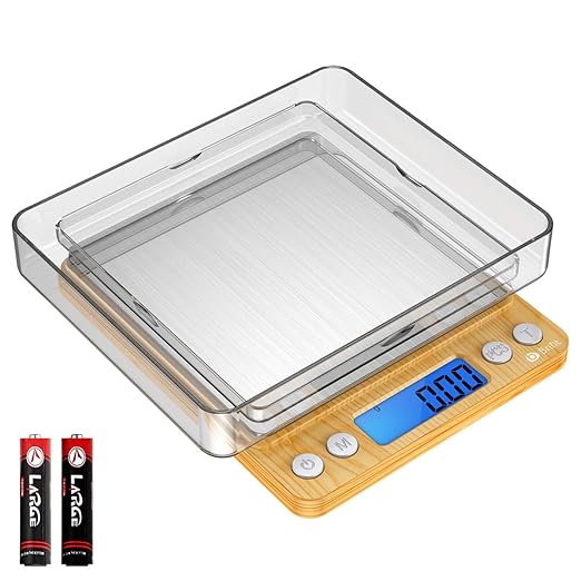 AMIR Digital Kitchen Scale, 500g Mini Pocket Jewelry Scale, Cooking Digital Food Scale with Back-Lit LCD Display, 2 Trays, 6 Units (Battery Included)