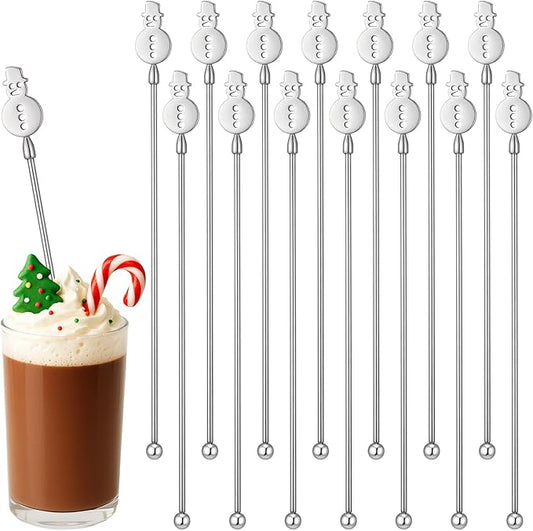 20 Pcs Winter Snowman Drink Stirrers Stainless Steel Christmas Coffee Stirrers Metal Reusable Swizzle Sticks Snowman Cocktail Stir Stick Chocolate Hot Cocoa Supplies for Winter Party Decor