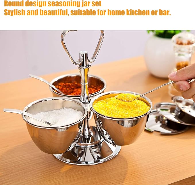 Stainless Steel Sugar Bowl, Seasoning Jar Container, Rotating Condiment Jar Rack Set with Cover for Kitchen Countertop Cabinet