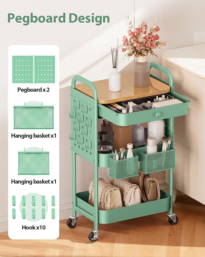 ALVOROG Rolling Cart with Drawer and Wood Table Top, 3 Tier Metal Rolling Utility Cart on Wheels with DIY Pegboards, Hanging Baskets, Hooks for Bedroom,Office,Craft Supplies