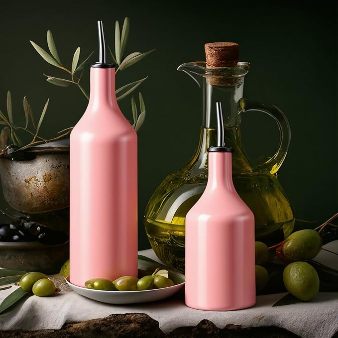 Set of 2 Ceramic Pink Olive Oil Dispenser Bottle for Kitchen with Stainless Steel Spout Large Capacity for Storage of Oil, Vinegar, Coffee Syrups & Other Liquids