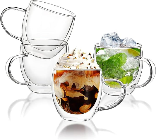 Set of 4 Double Walled Glass Coffee Mugs 6 Ounces Insulated Layer Coffee Cups with Handle Borosilicate Glass Espresso Cup for Hot Beverage,Cappuccino,Tea,Latte,Wine,Microwave Safe