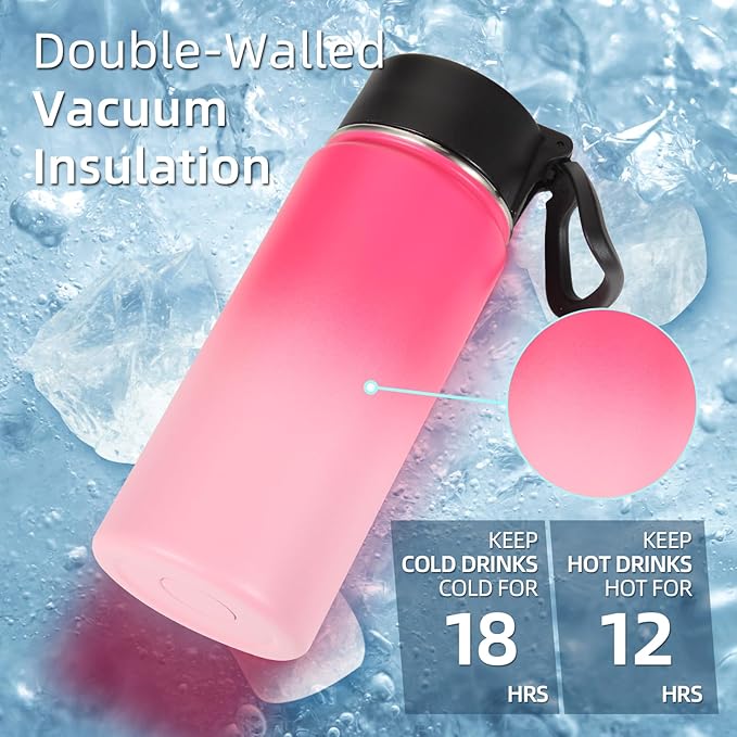 Volhoply 16 OZ Kids Water Bottle Bulk 2 Pack,Insulated Sports Bottles with Straw Lid,Stainless Steel Bottle with Handle Keep Cold & Hot,Double Wall Vacuum Tumbler Cups for School,Girls(Peach, 2)
