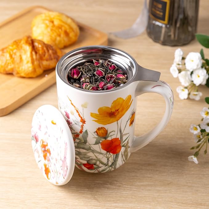 AmorArc Porcelain Tea Mug with Infuser and Lids, 18 Oz Large Cup Strainer with Bag Holder for Loose Leaf Tea, Steeping Coffee Mug for House-warming Wedding Birthday Gift