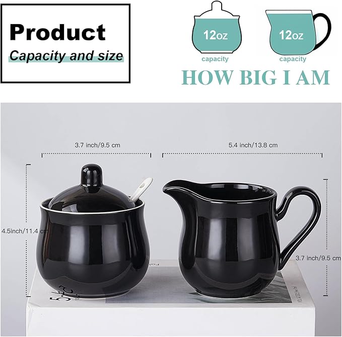 12 OZ Ceramic Sugar and Creamer Set, Coffee Serving Set, 3 Piece Cream Pitcher Sugar Bowl with Lid and Spoon (Black)