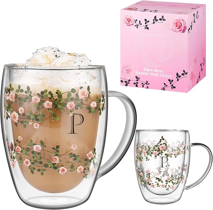 Initial Glass Cup for Women, 12oz Rose Double Walled Glass Coffee Mugs, Personalized Gifts for Women, Initial Coffee Tea Mug with Scarf, Birthday Gifts for Her Mom Friend (ROSE-P)