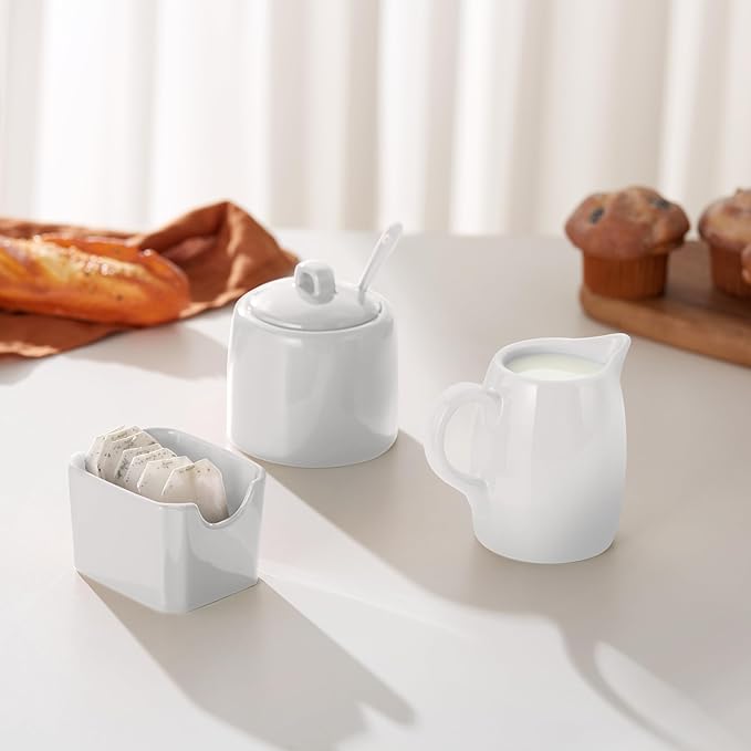 KooK Sugar and Creamer Set, 3 Piece, Pitcher, Sugar Bowl with Lid and Spoon, Sweetener Holder (White)