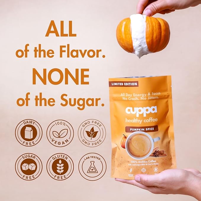 Cuppa Pumpkin Spice Mushroom Coffee with Adaptogens & Superfoods - Lion’s Mane, Ashwagandha & Cordyceps. Adaptogens + MCT to support natural energy, mental focus & gut health (30 Servings)