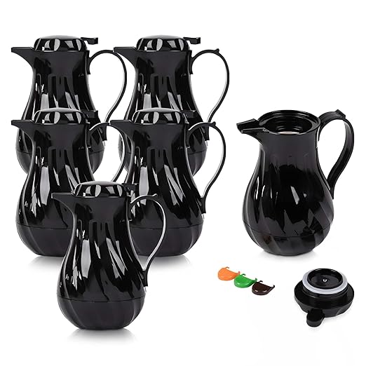 OCS Parts Set of 6 Easy Pour Thermal Coffee Carafes | 8-Inch Insulated Hot and Cold Beverage Pitcher Server for Coffee, Tea, Hot Chocolate and Water | 20-Ounce | Black