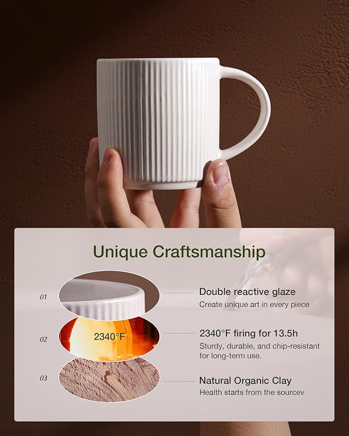 famiware Coffee Mug Set for 8, Star 12 oz Catering Mugs Cup Set with Handle for Coffee, Tea, Cocoa, Milk - Ceramic Stoneware Drinkware Set, Matte White