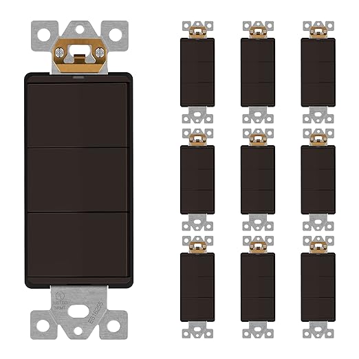 LIDER Minimalist Design Matte Finish Lighted Triple Switch, Combination Frameless Decorator Switch with Locator Light, Ground Terminal, Single Pole, 15A 120V, UL Listed, LCS3-1P-BR10P, Brown, 10 Pack