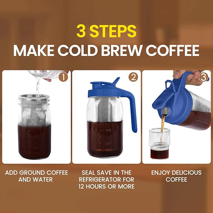 QHH Cold Brew Coffee Maker,32 oz Mason Jar Pitcher with Stainless Steel Filter, Pour Spout Handle Lid, Heavy Duty Glass Airtight & Leak-Proof Pitcher for iced coffee Tea Lemonade-Blue