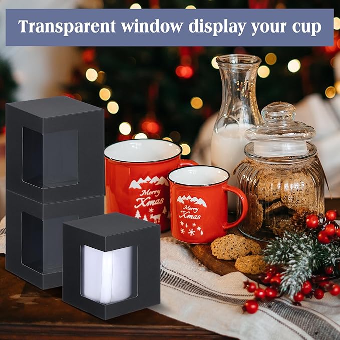Harloon 24 Pcs Mug Boxes for Gifts Coffee Box for Blanks Sublimation Mugs Packaging 11oz, 12oz, 15oz Transparent Ceramic Coffee Cups Gift Box(Black)