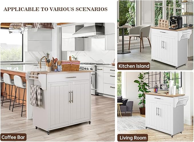 Kitchen Storage Island, Wooden Rolling Kitchen Island On Wheels with Countertop, Mobile Kitchen Island Cart with Towel Rack, Spice Rack and Drawers, White