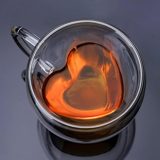 Heart Shaped Double Walled Insulated Glass Coffee Mugs or Aesthetic Tea Cups, Double Wall Glass 8 oz, Clear