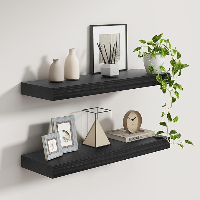 Fun Memories 9 Inch Deep Black Floating Shelves, Farmhouse Rustic Natural Wood Floating Shelf Wall Mounted, 30 x 9 Wall Shelves Set of 2, Deep Black Bathroom Shelves