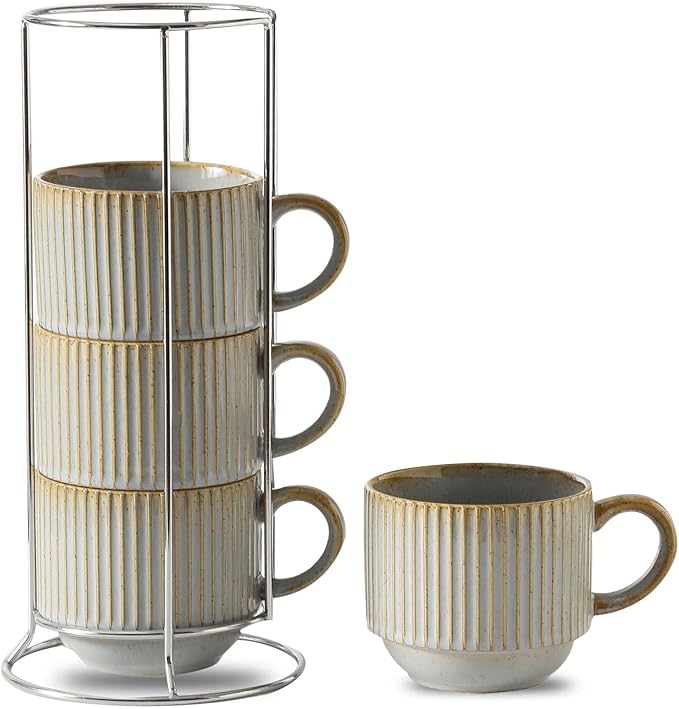 HASENSE Coffee Mug Ceramic Set of 4 with Stand - 15 oz Stackable Large Porcelain Ribbed Latte Cup Set for Cappuccino, Tea, Hot Cocoa, Drinks - Dishwasher & Microwave Safe, Lavender Gray