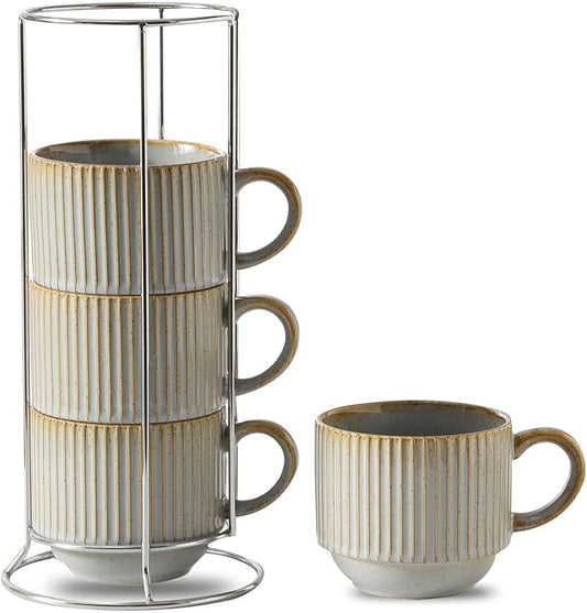 HASENSE Coffee Mug Ceramic Set of 4 with Stand - 15 oz Stackable Large Porcelain Ribbed Latte Cup Set for Cappuccino, Tea, Hot Cocoa, Drinks - Dishwasher & Microwave Safe, Lavender Gray