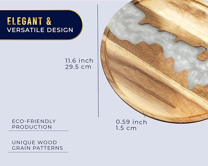 Comfify Visually Stunning Pearl White Resin + Acacia Wood Serving Tray - Modern Round 12" Serving Tray for Food, Breakfast in Bed, Coffee Table, Decor, Organization, Snacks, Patio, Lap Tray